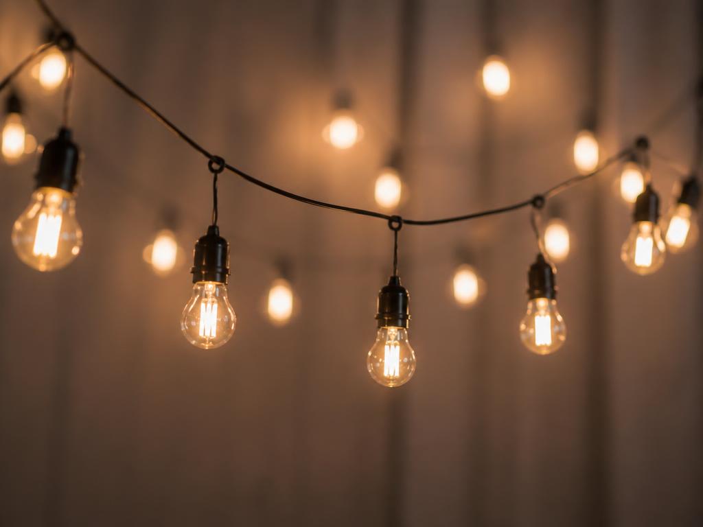 Warm Edison bulb string lights draped against a soft neutral background