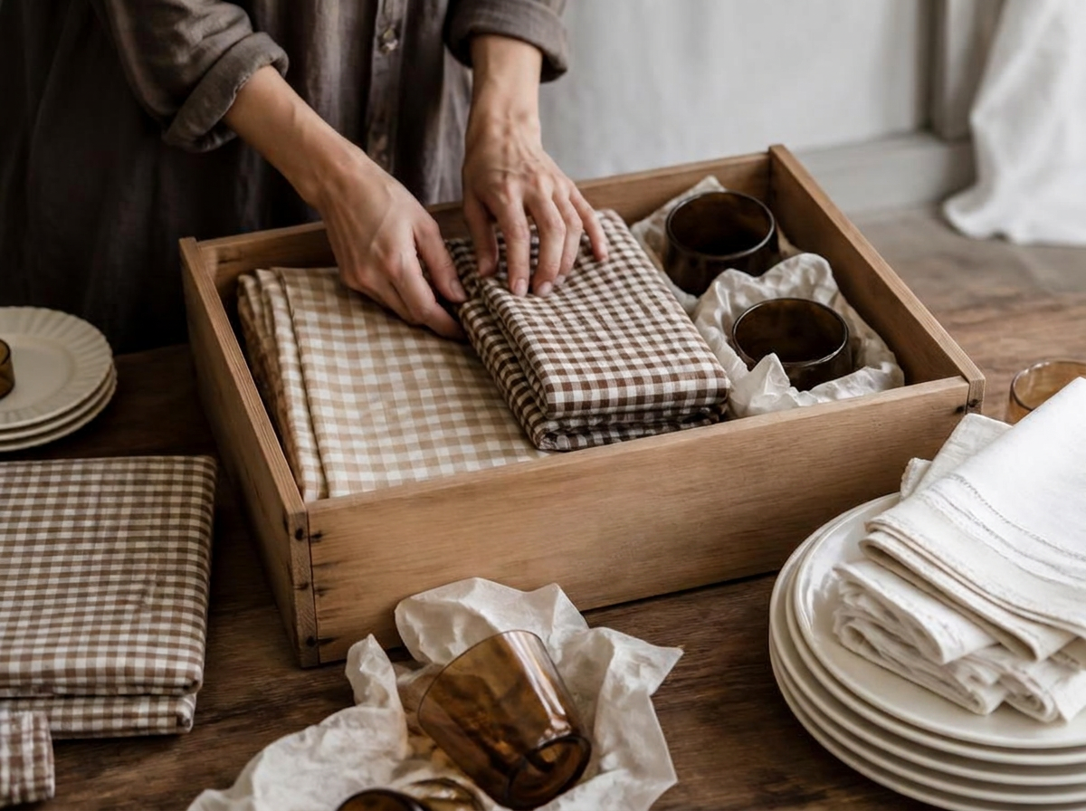Hands folding gingham linens and wrapped glassware into a labeled wooden crate