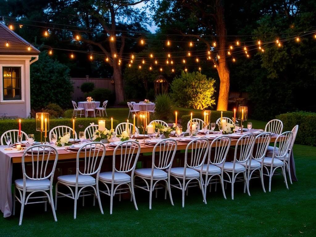 Long backyard dinner table with white chairs and candlelight under string lights at dusk