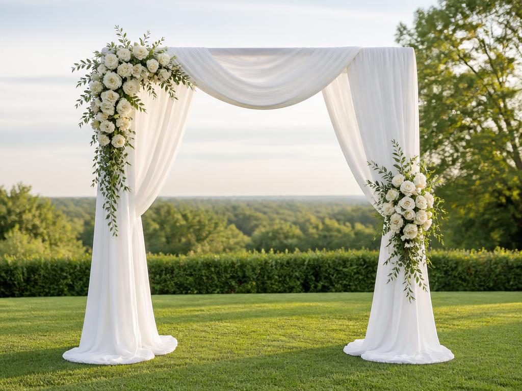 An elegant white draped arch backdrop decorated with greenery and white flowers