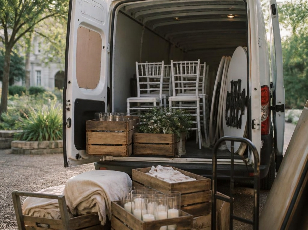 Van loaded with crates of rental linens, glassware, and white chiavari chairs ready for delivery