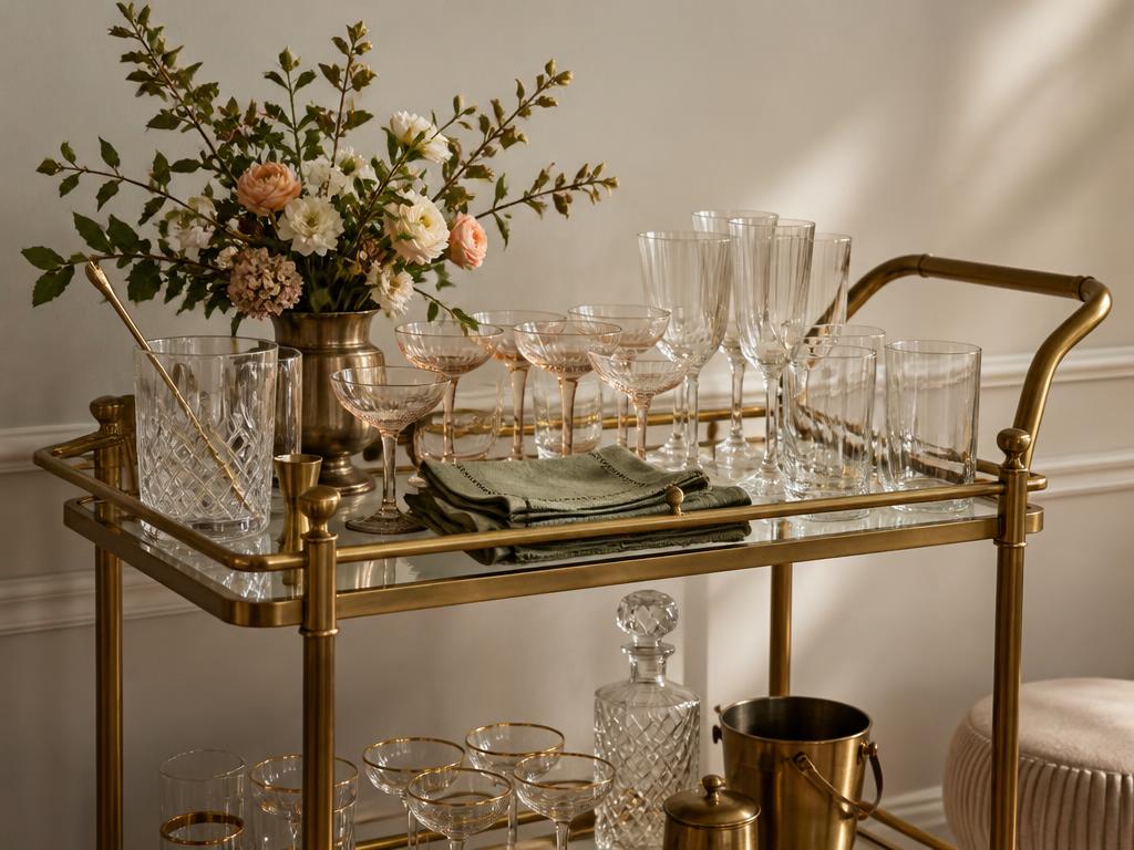 A brass and glass bar cart with vintage cocktail glasses and a floral arrangement