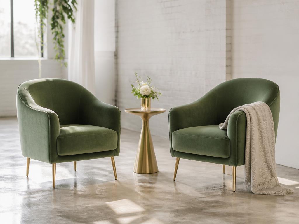 Two sage green velvet lounge chairs with a brass side table